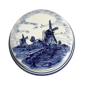 Delfts Blue Holland Windmill Trinket Box 5" Round Covered Hand Painted Ceramic